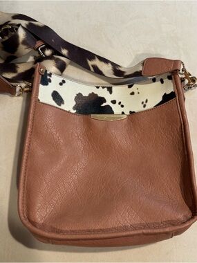 Leather Crossbody Bag with Cowhide Accent - Brown